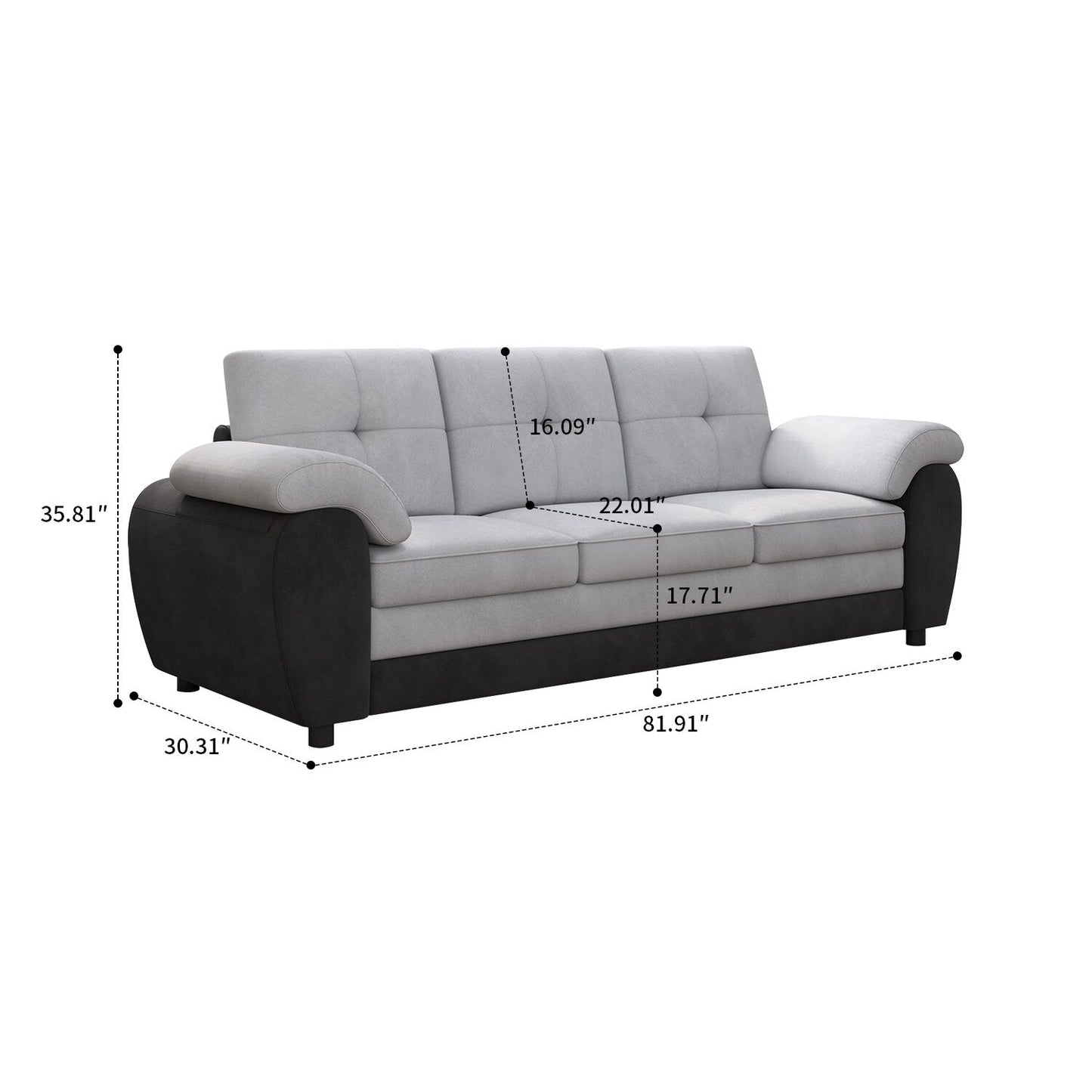Modern Minimalist Upholstered Three Seater Sofa with Velvet Fabric and Pillow Arms for Living Room