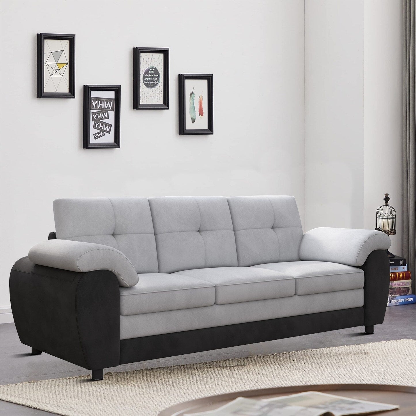 Modern Minimalist Upholstered Three Seater Sofa with Velvet Fabric and Pillow Arms for Living Room