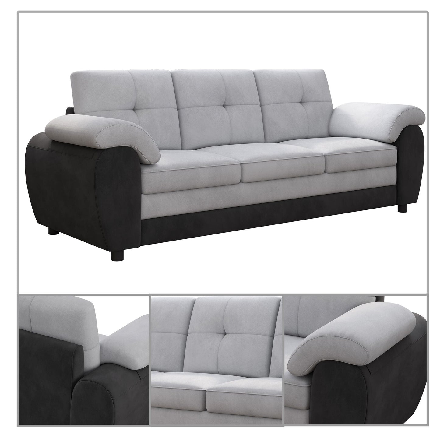 Modern Minimalist Upholstered Three Seater Sofa with Velvet Fabric and Pillow Arms for Living Room