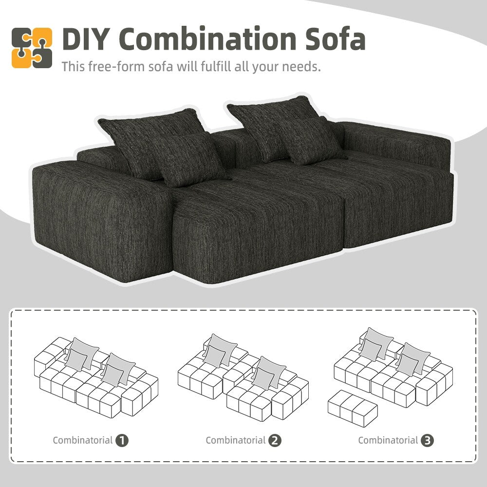 Modern Modular Chenille Sectional Sofa with 2 Chaise Lounge and 2 Armrest, 4 Pillows for Living Room