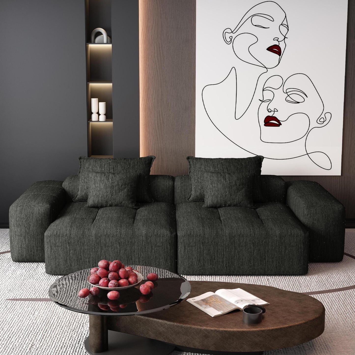 Modern Modular Chenille Sectional Sofa with 2 Chaise Lounge and 2 Armrest, 4 Pillows for Living Room