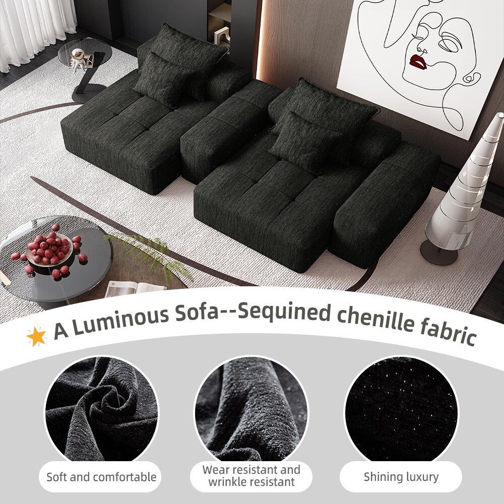 Modern Modular Chenille Sectional Sofa with 2 Chaise Lounge and 2 Armrest, 4 Pillows for Living Room
