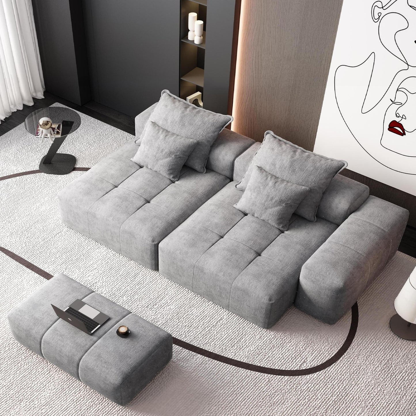 Modern Modular Chenille Sectional Sofa with 2 Chaise Lounge and 2 Armrest, 4 Pillows for Living Room