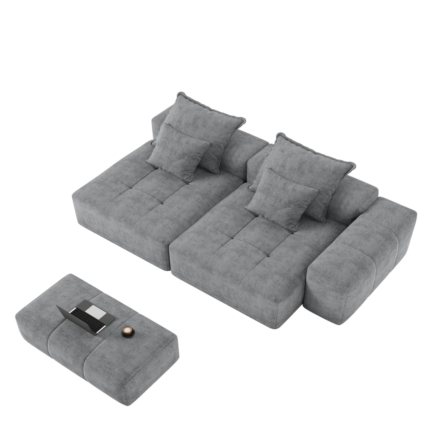 Modern Modular Chenille Sectional Sofa with 2 Chaise Lounge and 2 Armrest, 4 Pillows for Living Room