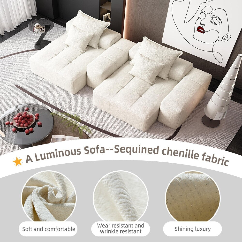 Modern Modular Chenille Sectional Sofa with 2 Chaise Lounge and 2 Armrest, 4 Pillows for Living Room