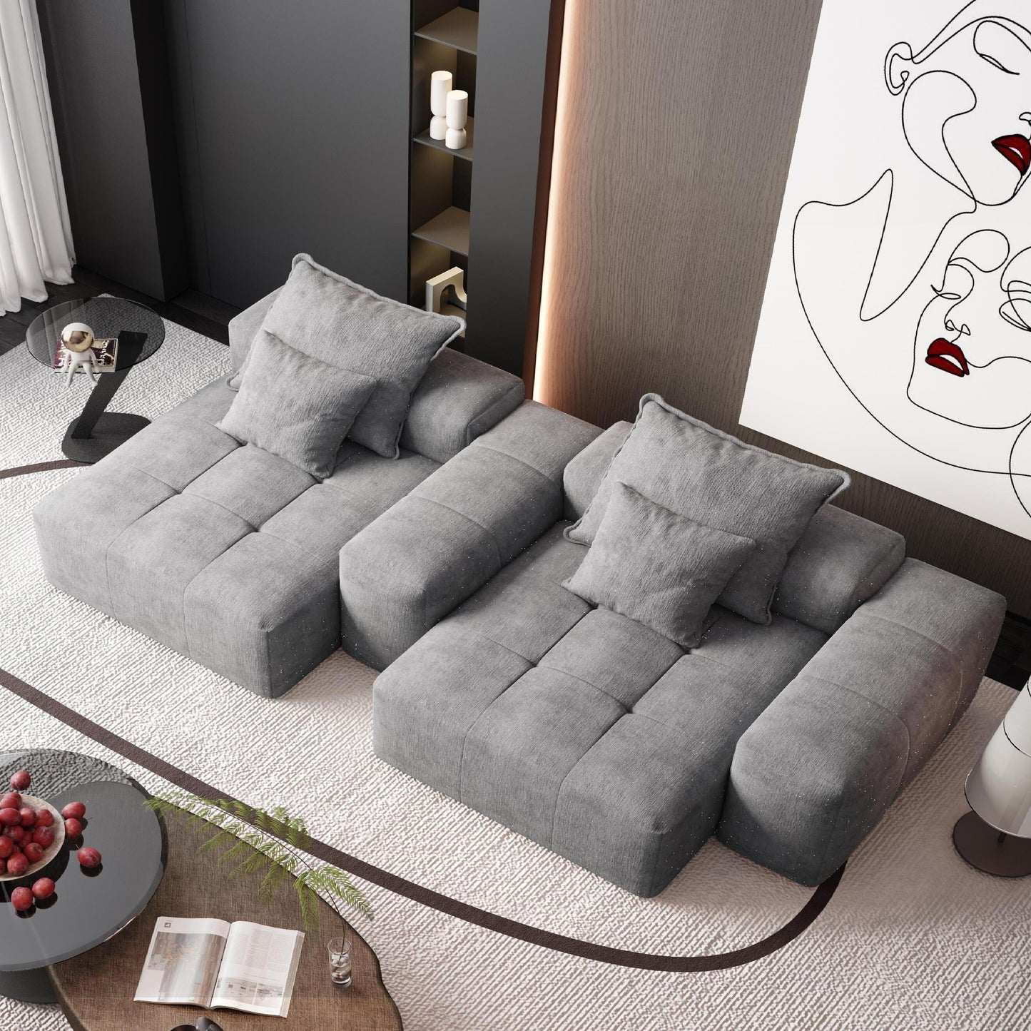 Modern Modular Chenille Sectional Sofa with 2 Chaise Lounge and 2 Armrest, 4 Pillows for Living Room