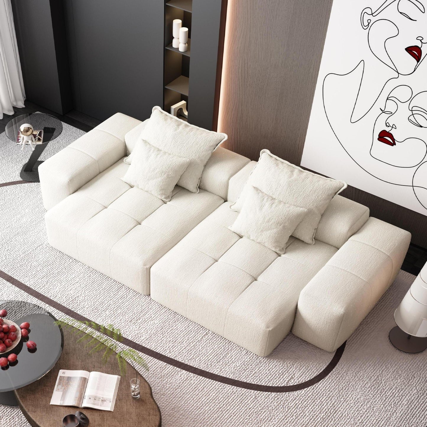 Modern Modular Chenille Sectional Sofa with 2 Chaise Lounge and 2 Armrest, 4 Pillows for Living Room