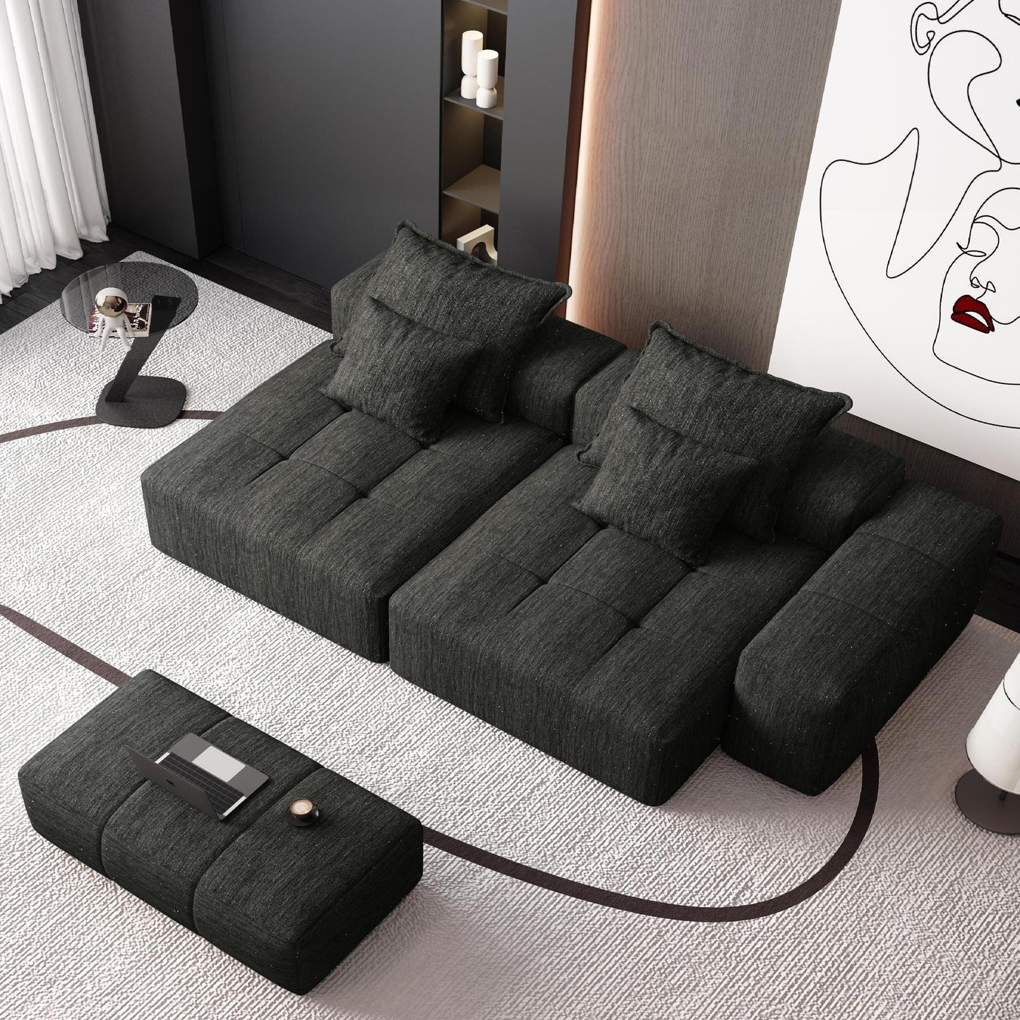 Modern Modular Chenille Sectional Sofa with 2 Chaise Lounge and 2 Armrest, 4 Pillows for Living Room