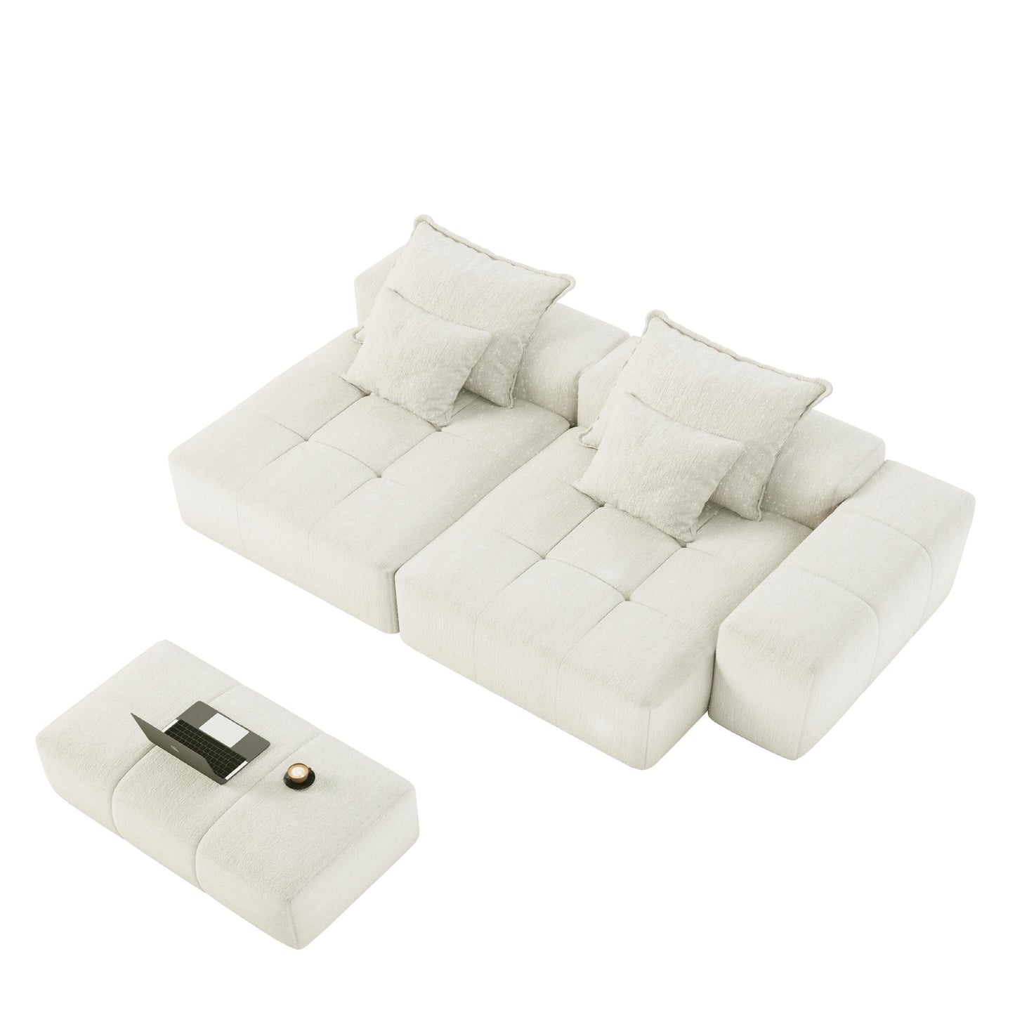 Modern Modular Chenille Sectional Sofa with 2 Chaise Lounge and 2 Armrest, 4 Pillows for Living Room