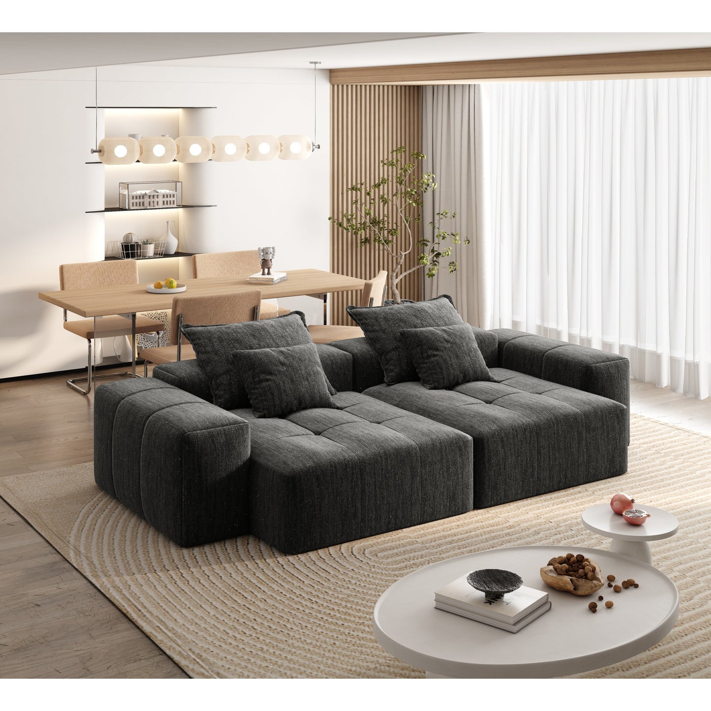 Modern Modular Chenille Sectional Sofa with 2 Chaise Lounge and 2 Armrest, 4 Pillows for Living Room