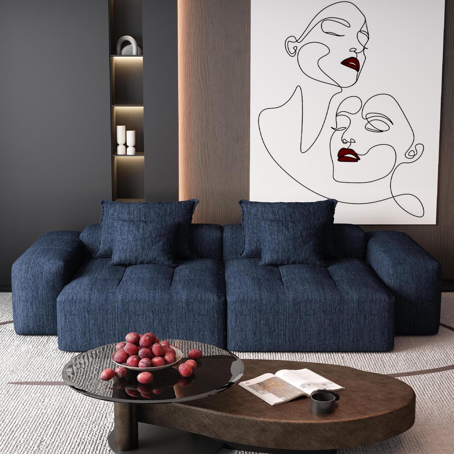 Modern Modular Chenille Sectional Sofa with 2 Chaise Lounge and 2 Armrest, 4 Pillows for Living Room