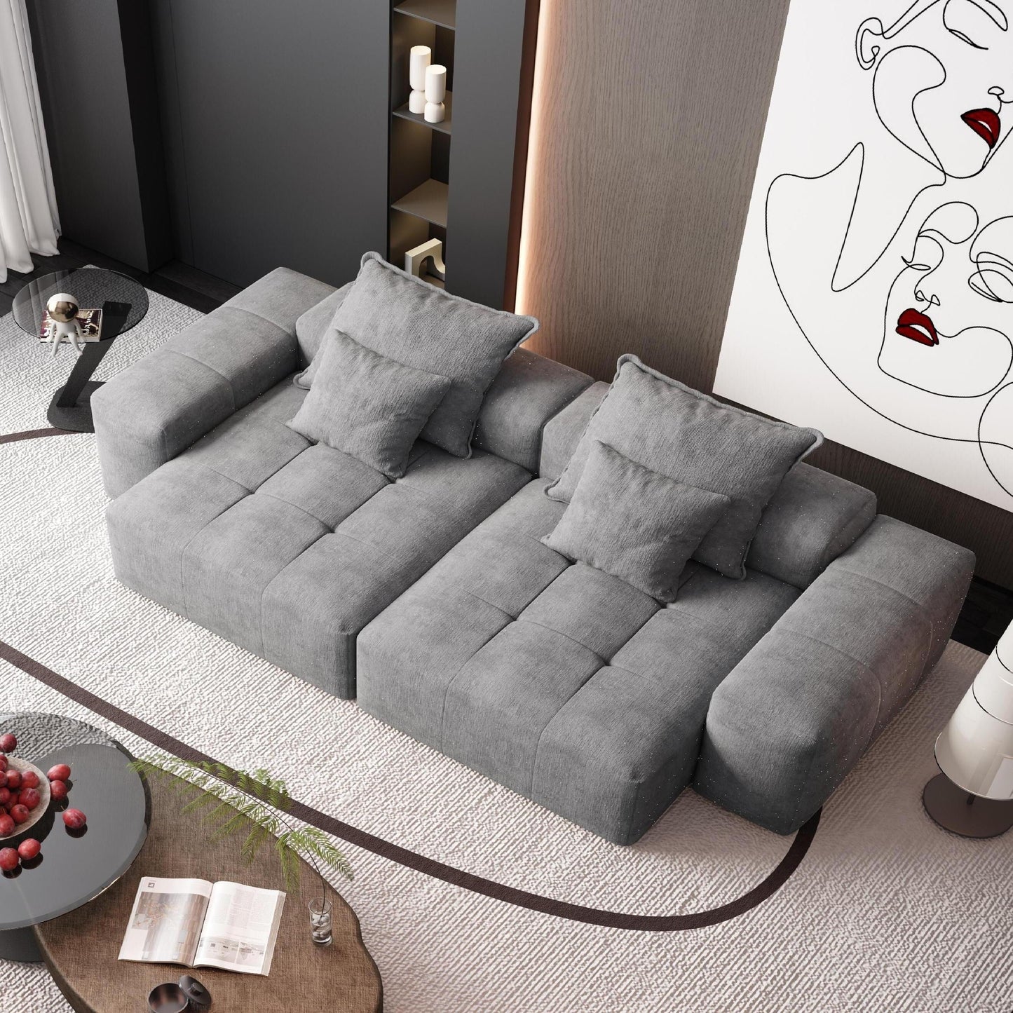 Modern Modular Chenille Sectional Sofa with 2 Chaise Lounge and 2 Armrest, 4 Pillows for Living Room