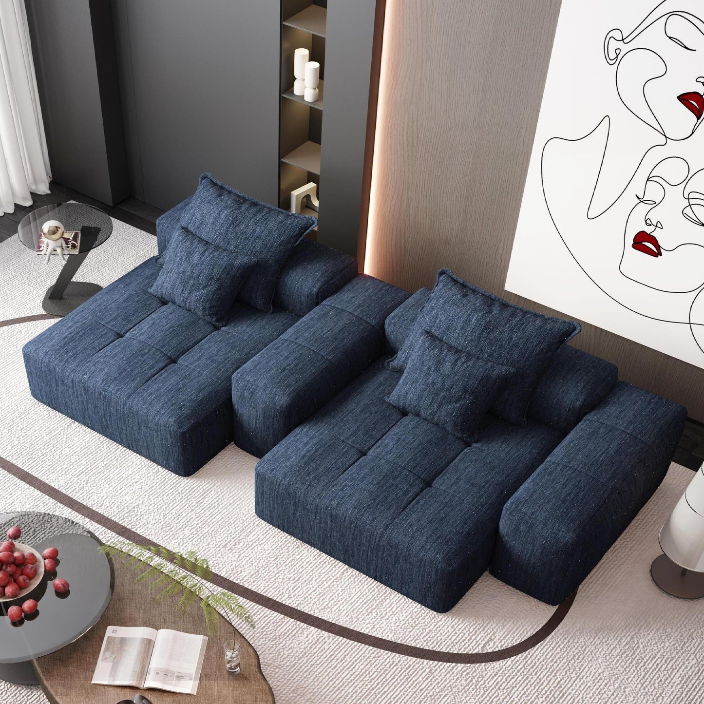 Modern Modular Chenille Sectional Sofa with 2 Chaise Lounge and 2 Armrest, 4 Pillows for Living Room