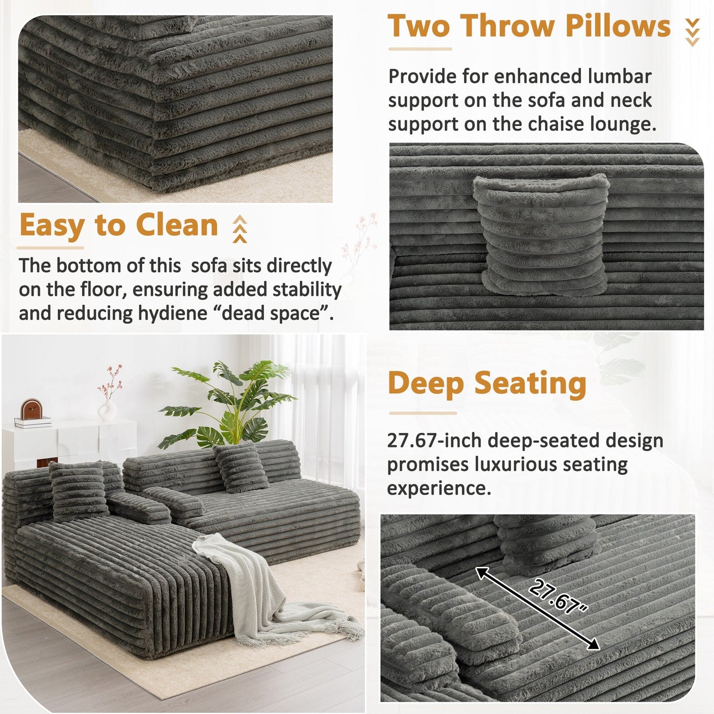 Modern Modular Cloud Sectional Sofa Free-Combined Couch with 2 Throw Pillows for Living Room