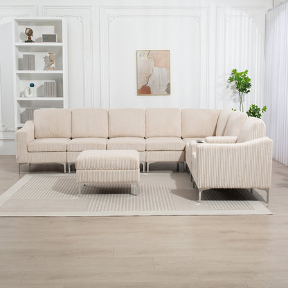 Modern Modular Corduroy Sectional Sofa with USB Ports, Storage Ottoman and Cup Holders for Living Room Apartment