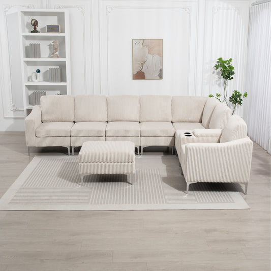 Modern Modular Corduroy Sectional Sofa with USB Ports, Storage Ottoman and Cup Holders for Living Room Apartment