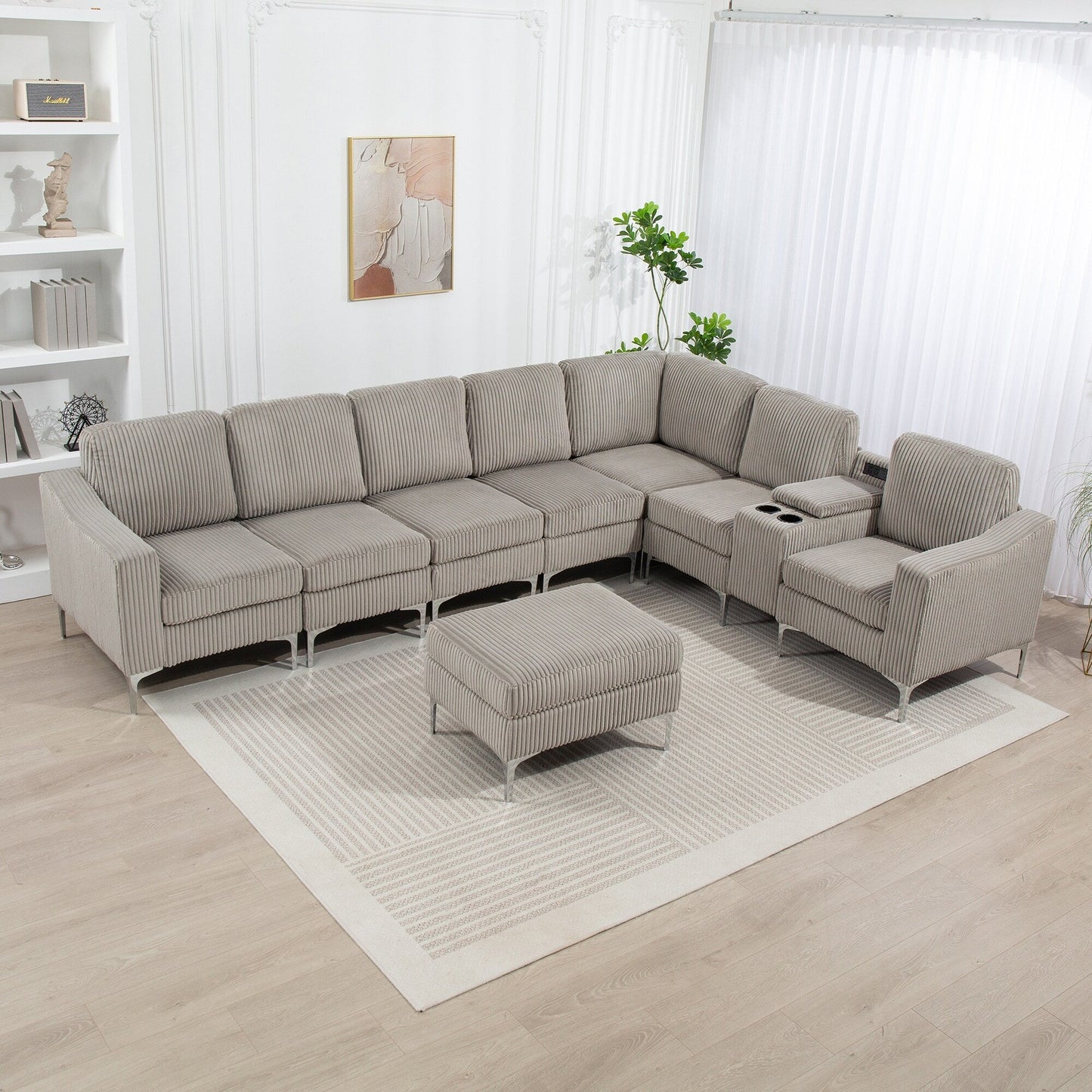 Modern Modular Corduroy Sectional Sofa with USB Ports, Storage Ottoman and Cup Holders for Living Room Apartment