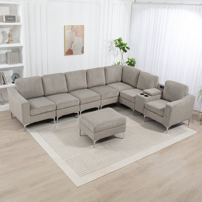 Modern Modular Corduroy Sectional Sofa with USB Ports, Storage Ottoman and Cup Holders for Living Room Apartment