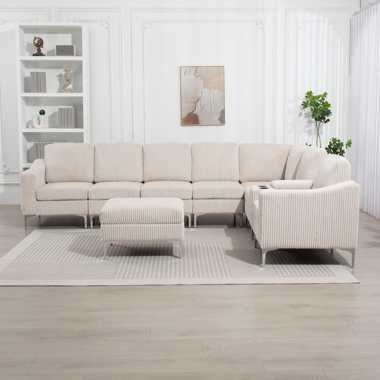 Modern Modular Corduroy Sectional Sofa with USB Ports, Storage Ottoman and Cup Holders for Living Room Apartment