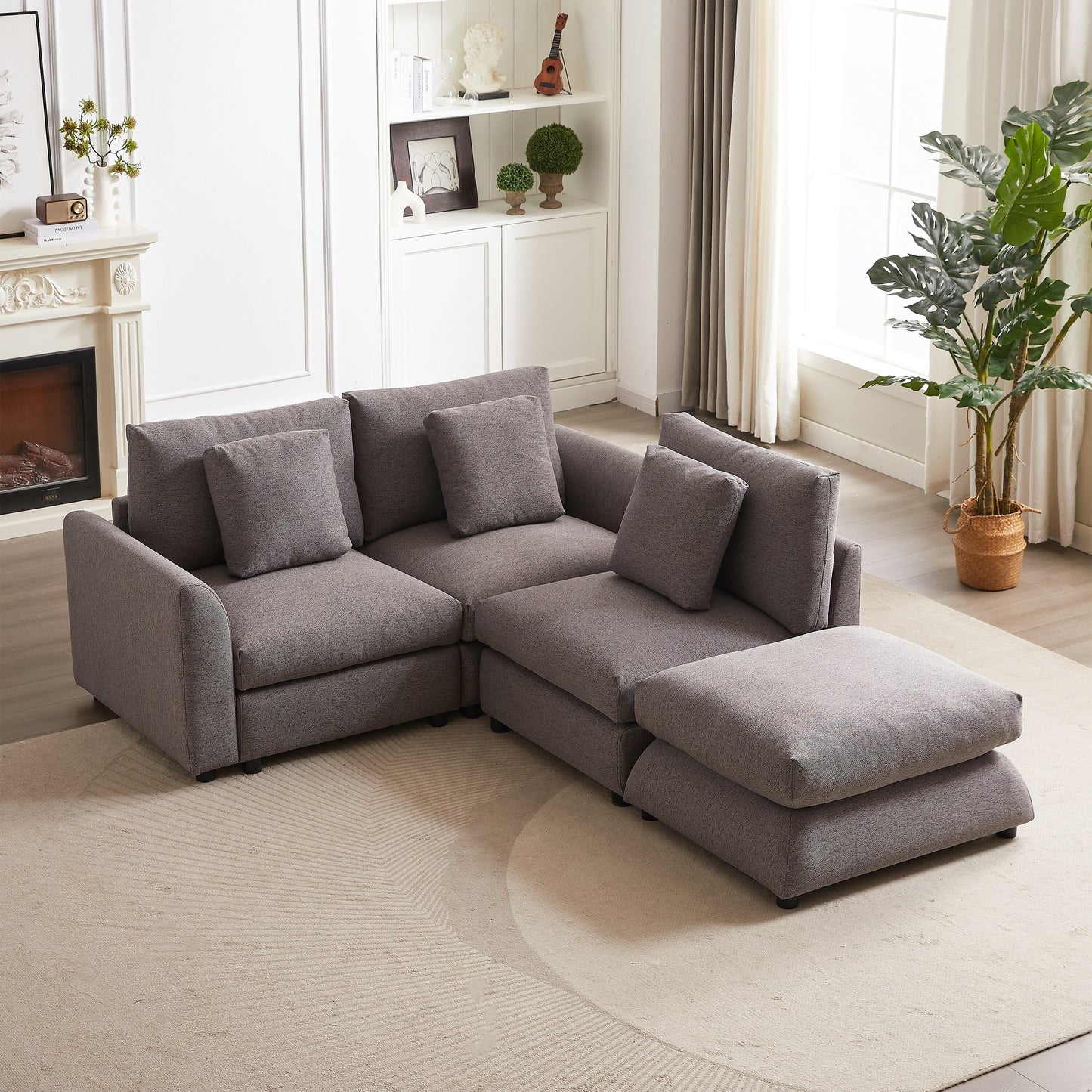 Modern Modular L-Shaped Sectional Sofa with Ottoman, 3 Cushions and 3 Pillows for Living Room