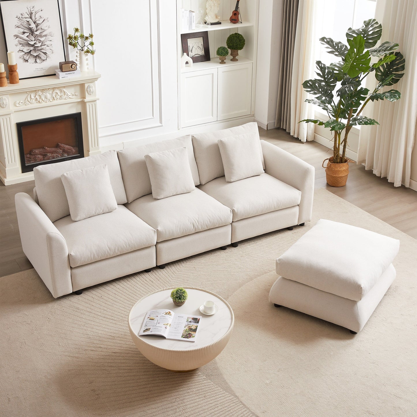 Modern Modular L-Shaped Sectional Sofa with Ottoman, 3 Cushions and 3 Pillows for Living Room