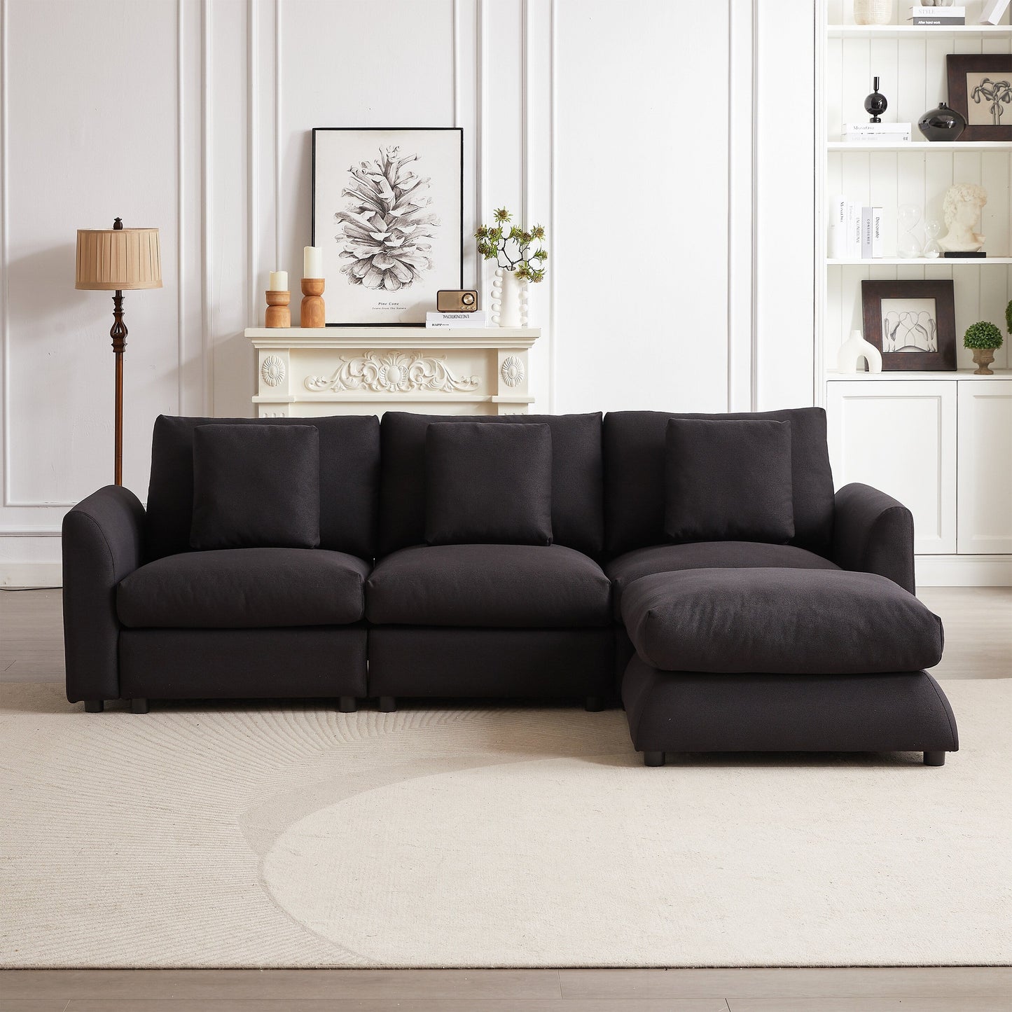 Modern Modular L-Shaped Sectional Sofa with Ottoman, 3 Cushions and 3 Pillows for Living Room