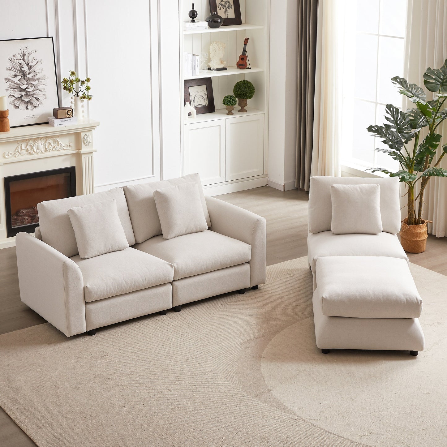 Modern Modular L-Shaped Sectional Sofa with Ottoman, 3 Cushions and 3 Pillows for Living Room
