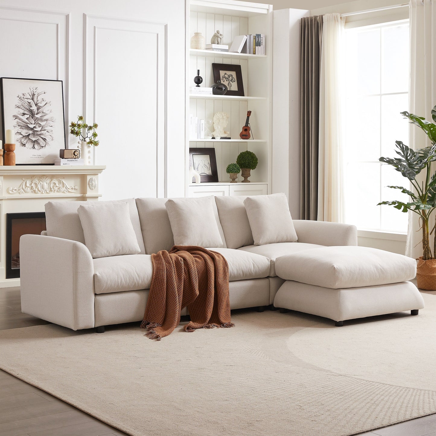 Modern Modular L-Shaped Sectional Sofa with Ottoman, 3 Cushions and 3 Pillows for Living Room