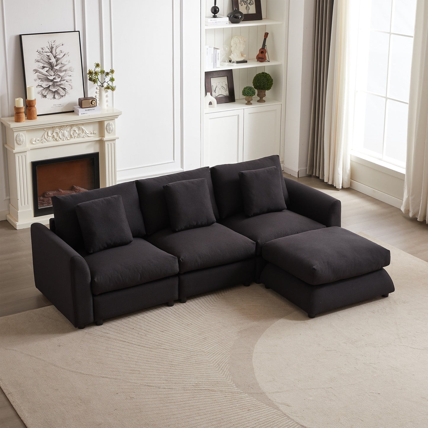 Modern Modular L-Shaped Sectional Sofa with Ottoman, 3 Cushions and 3 Pillows for Living Room