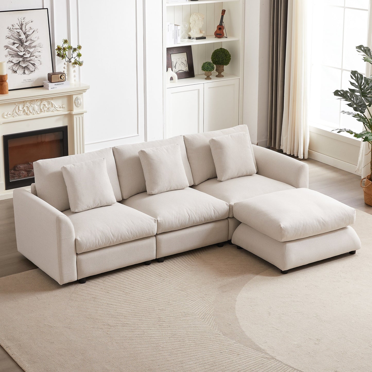 Modern Modular L-Shaped Sectional Sofa with Ottoman, 3 Cushions and 3 Pillows for Living Room