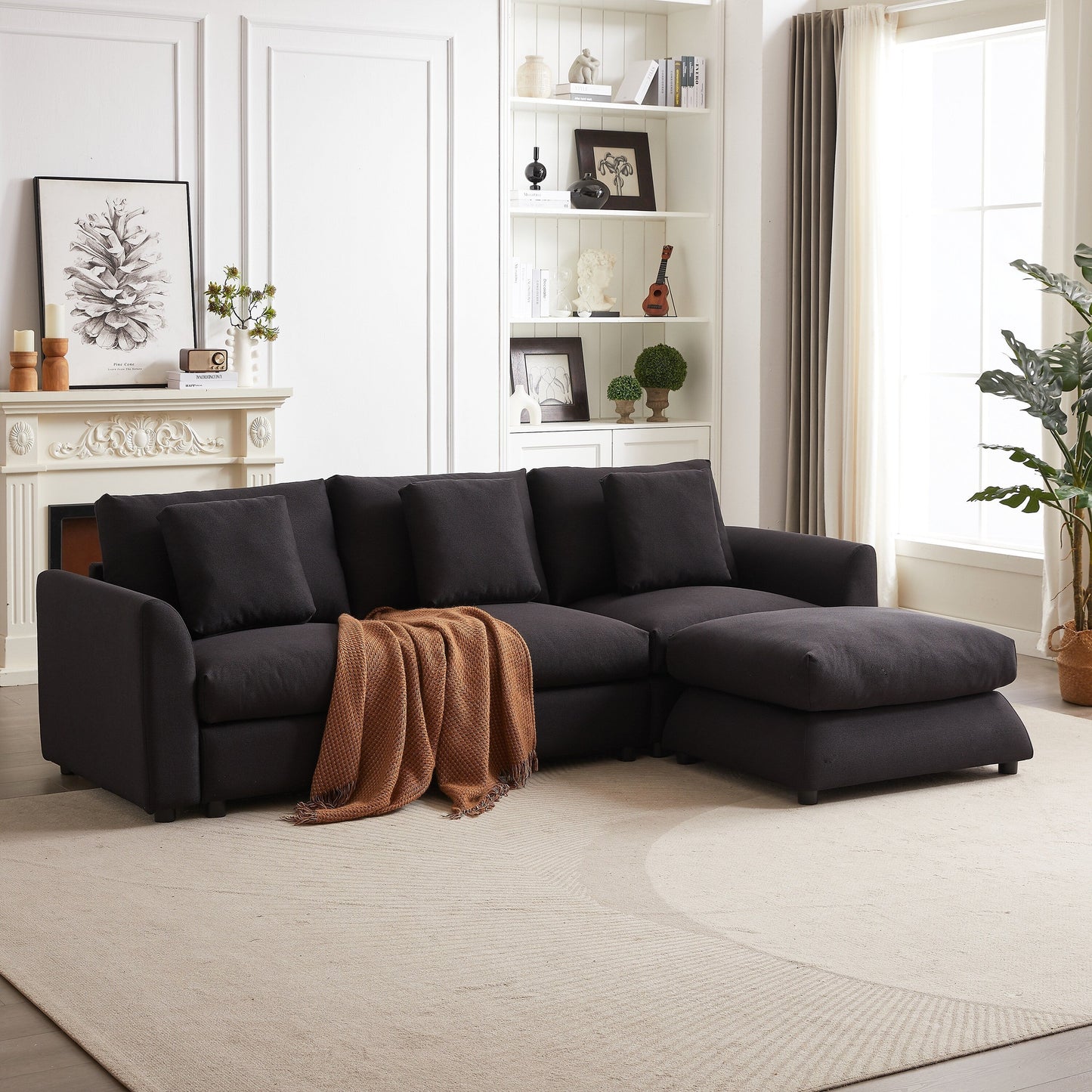 Modern Modular L-Shaped Sectional Sofa with Ottoman, 3 Cushions and 3 Pillows for Living Room
