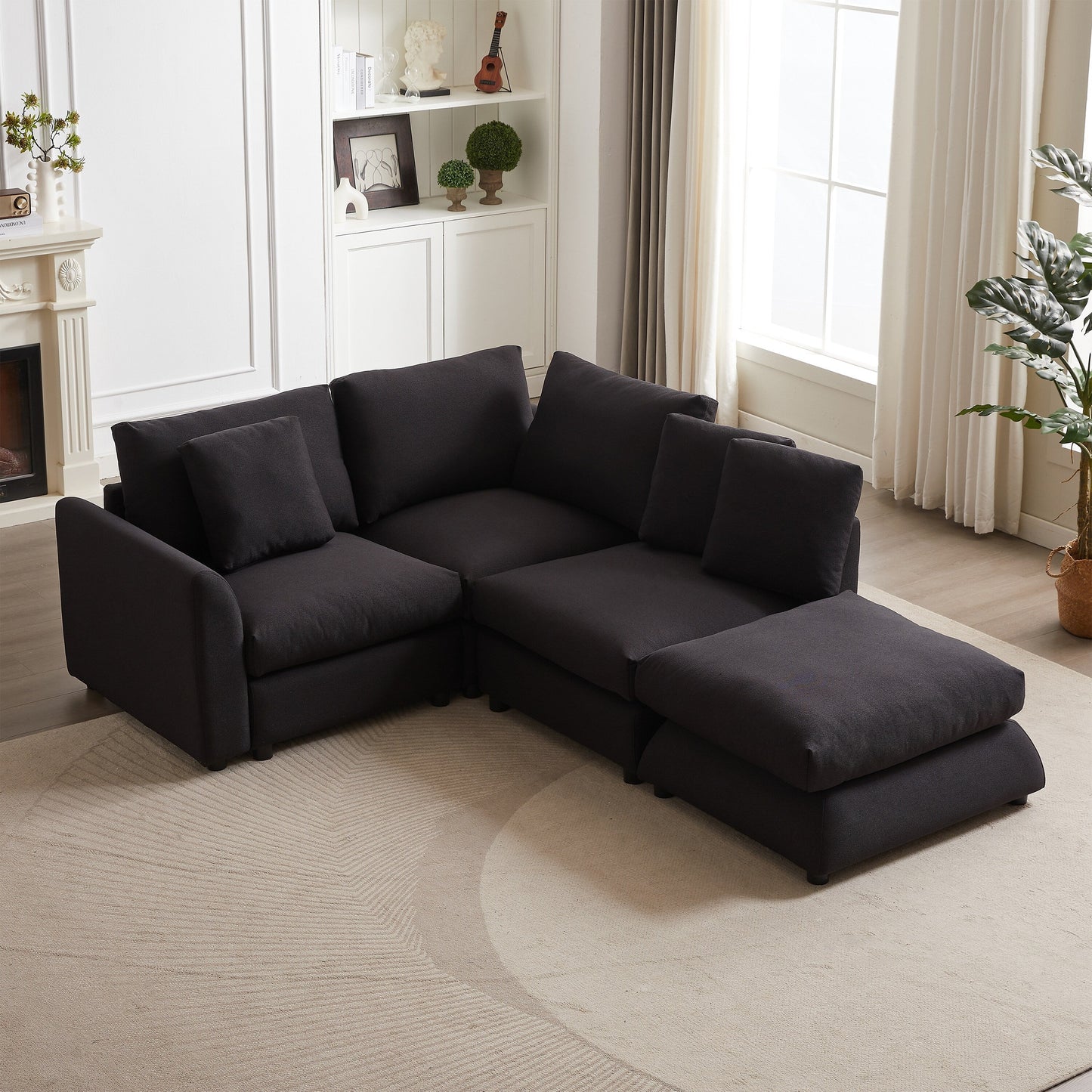 Modern Modular L-Shaped Sectional Sofa with Ottoman, 3 Cushions and 3 Pillows for Living Room