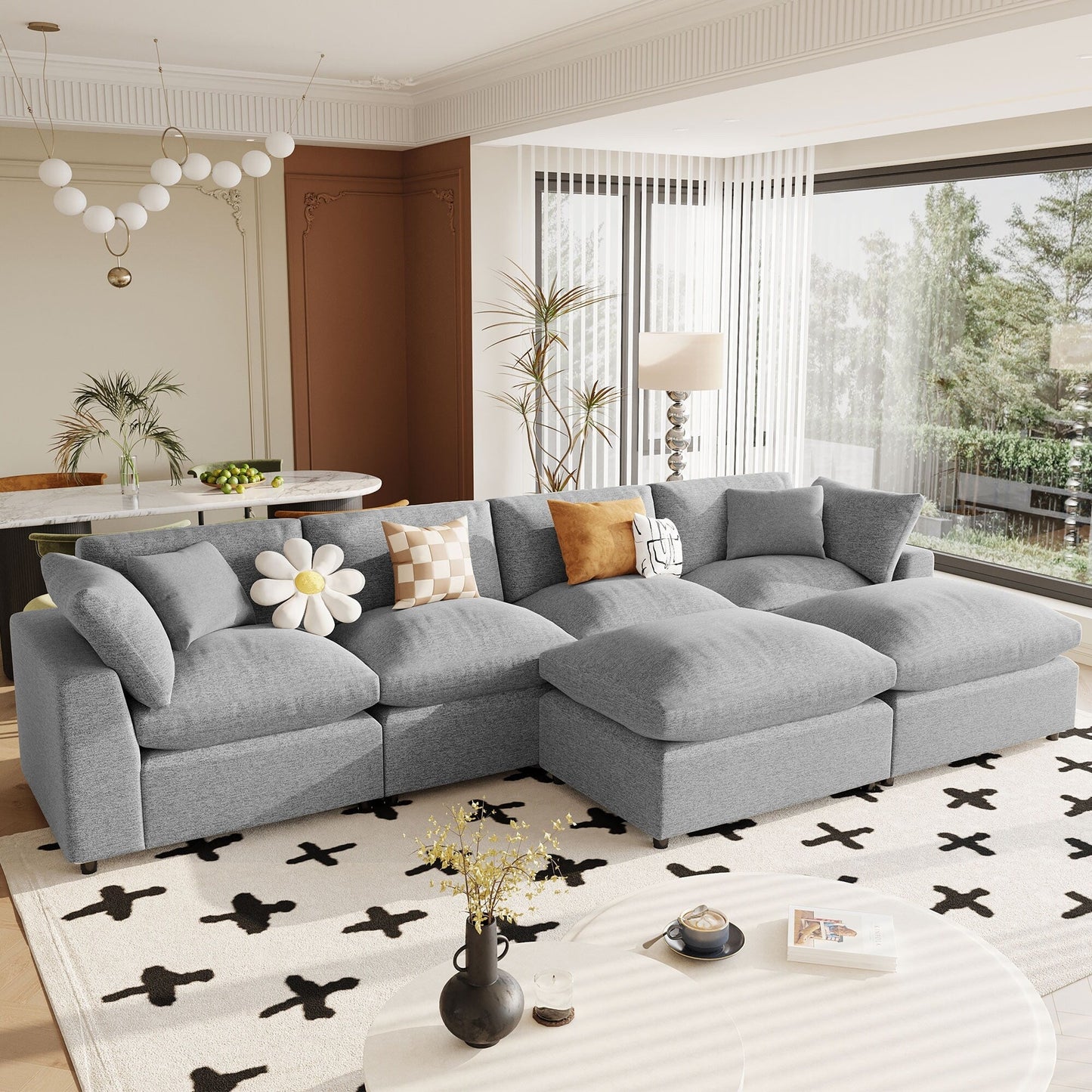 Modern Modular U-Shaped Sectional Sofa with Removable Ottoman and Pillows for Living Room