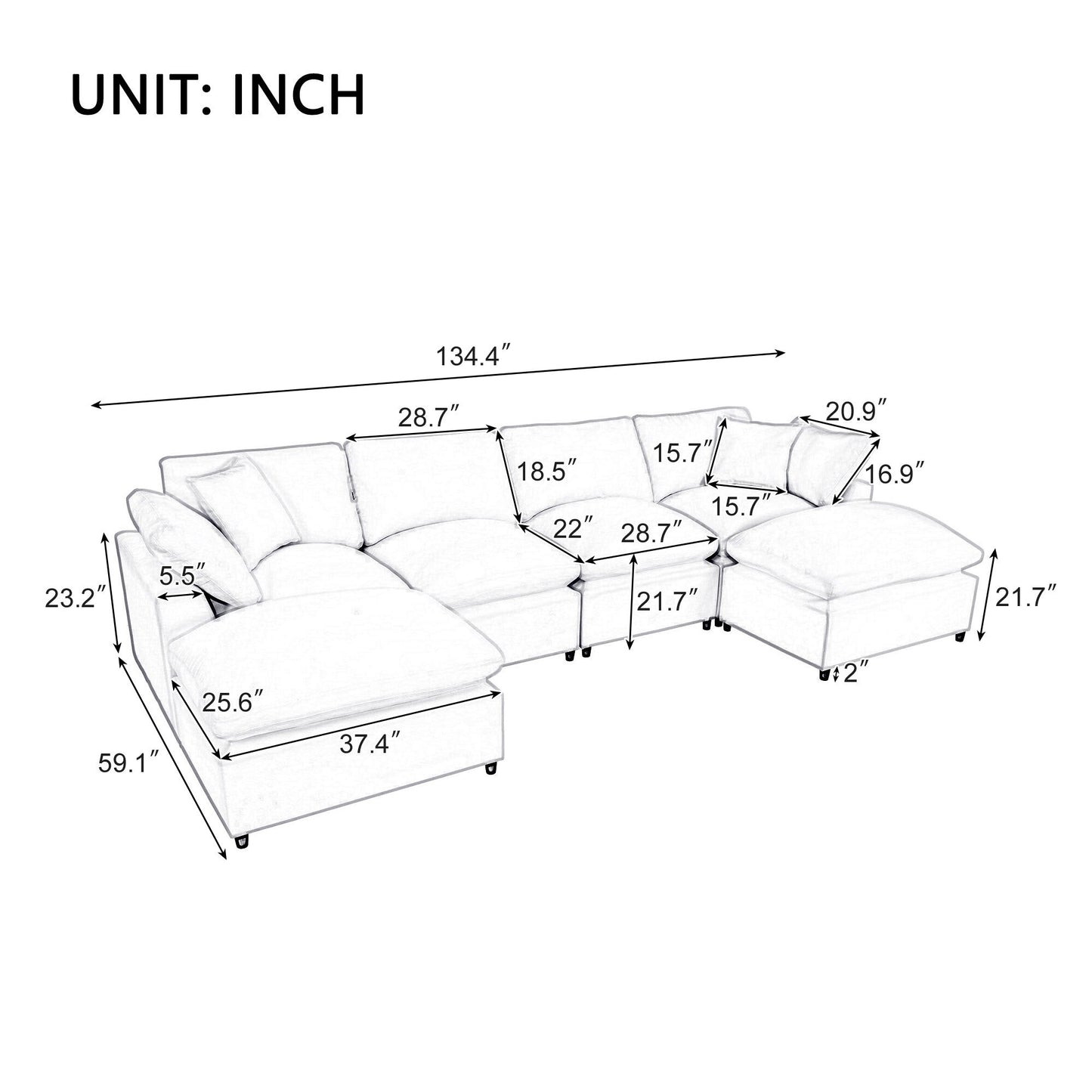 Modern Modular U-Shaped Sectional Sofa with Removable Ottoman and Pillows for Living Room