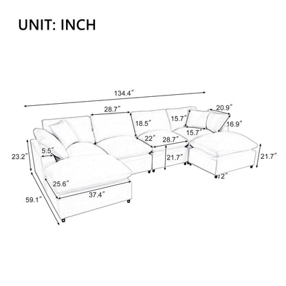 Modern Modular U-Shaped Sectional Sofa with Removable Ottoman and Pillows for Living Room