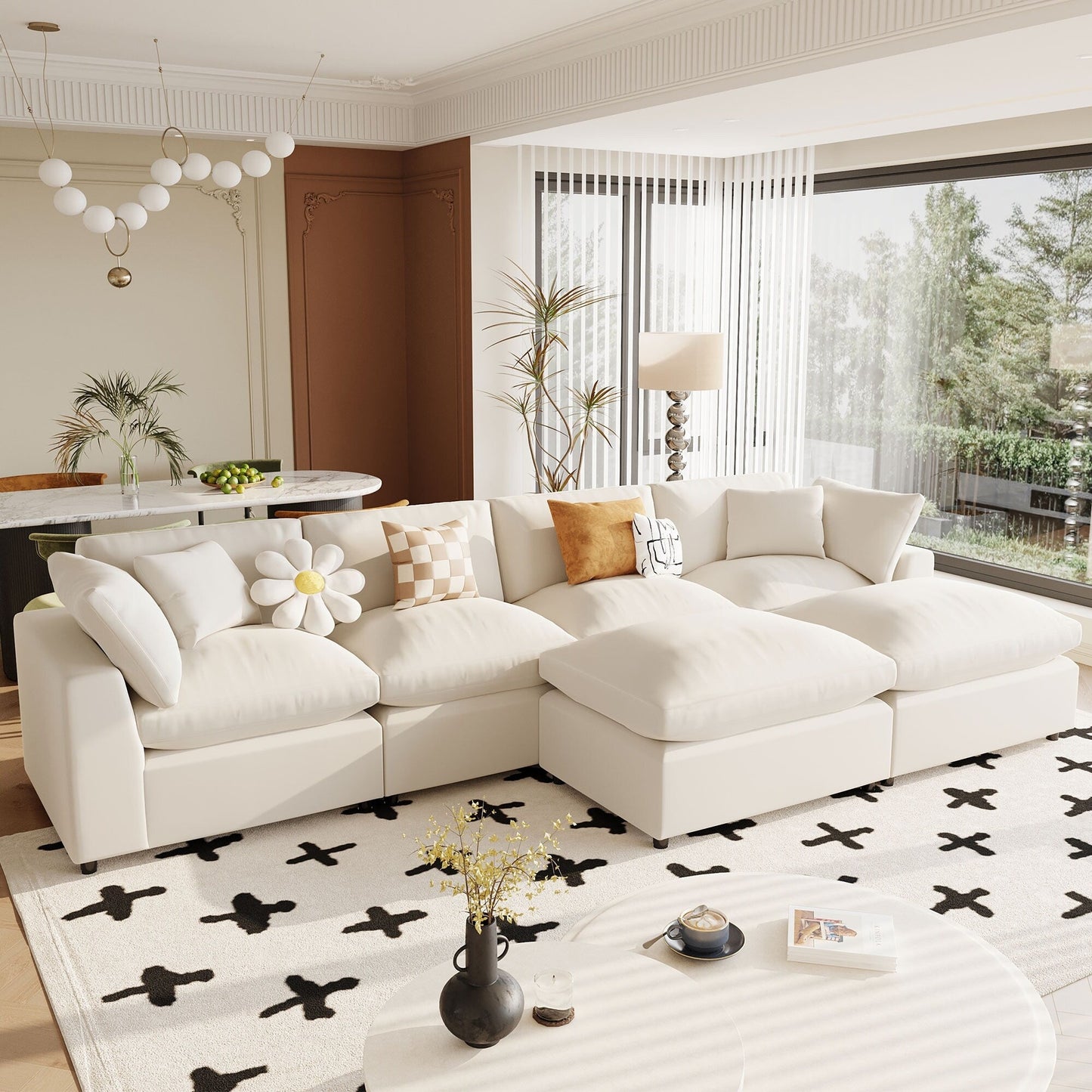 Modern Modular U-Shaped Sectional Sofa with Removable Ottoman and Pillows for Living Room