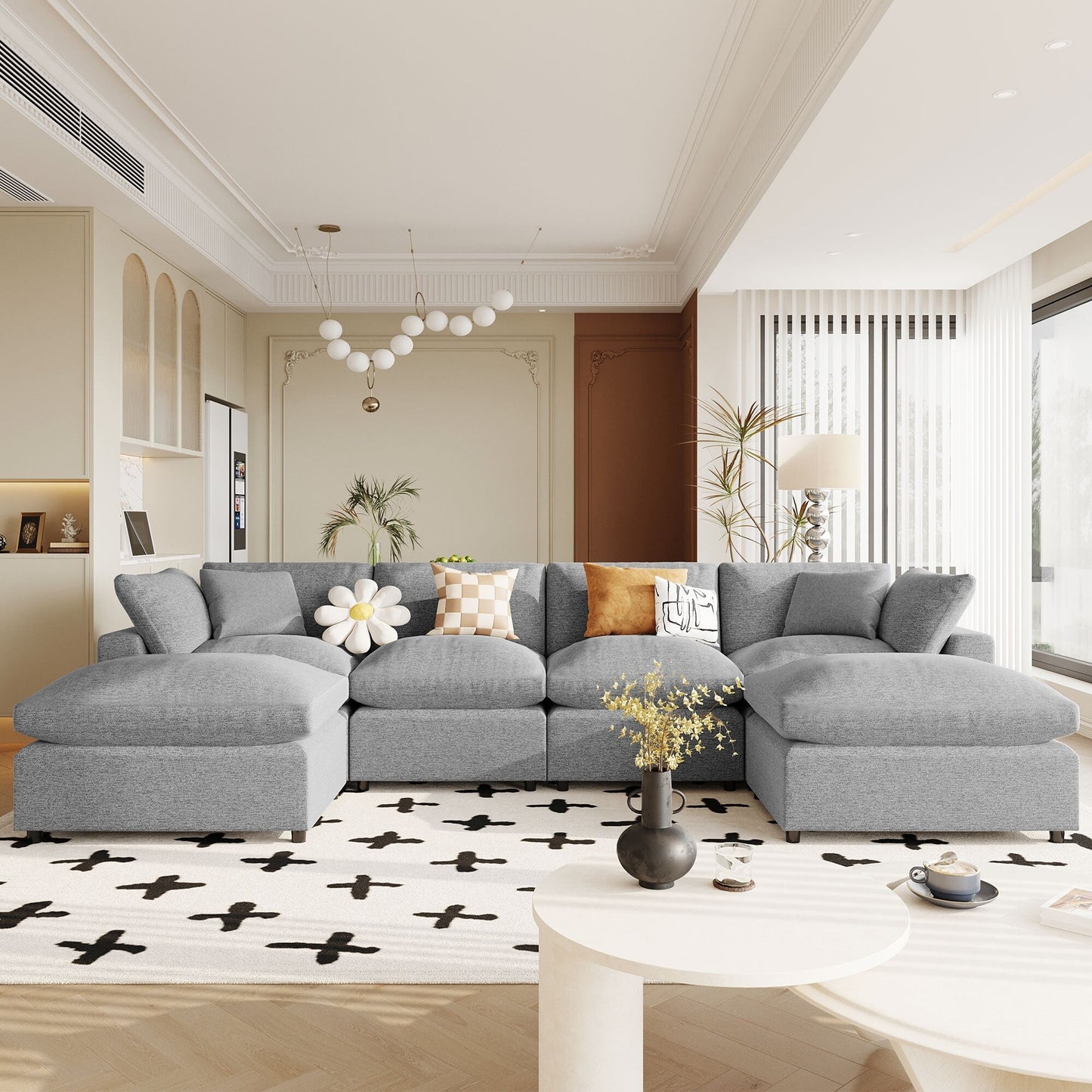 Modern Modular U-Shaped Sectional Sofa with Removable Ottoman and Pillows for Living Room