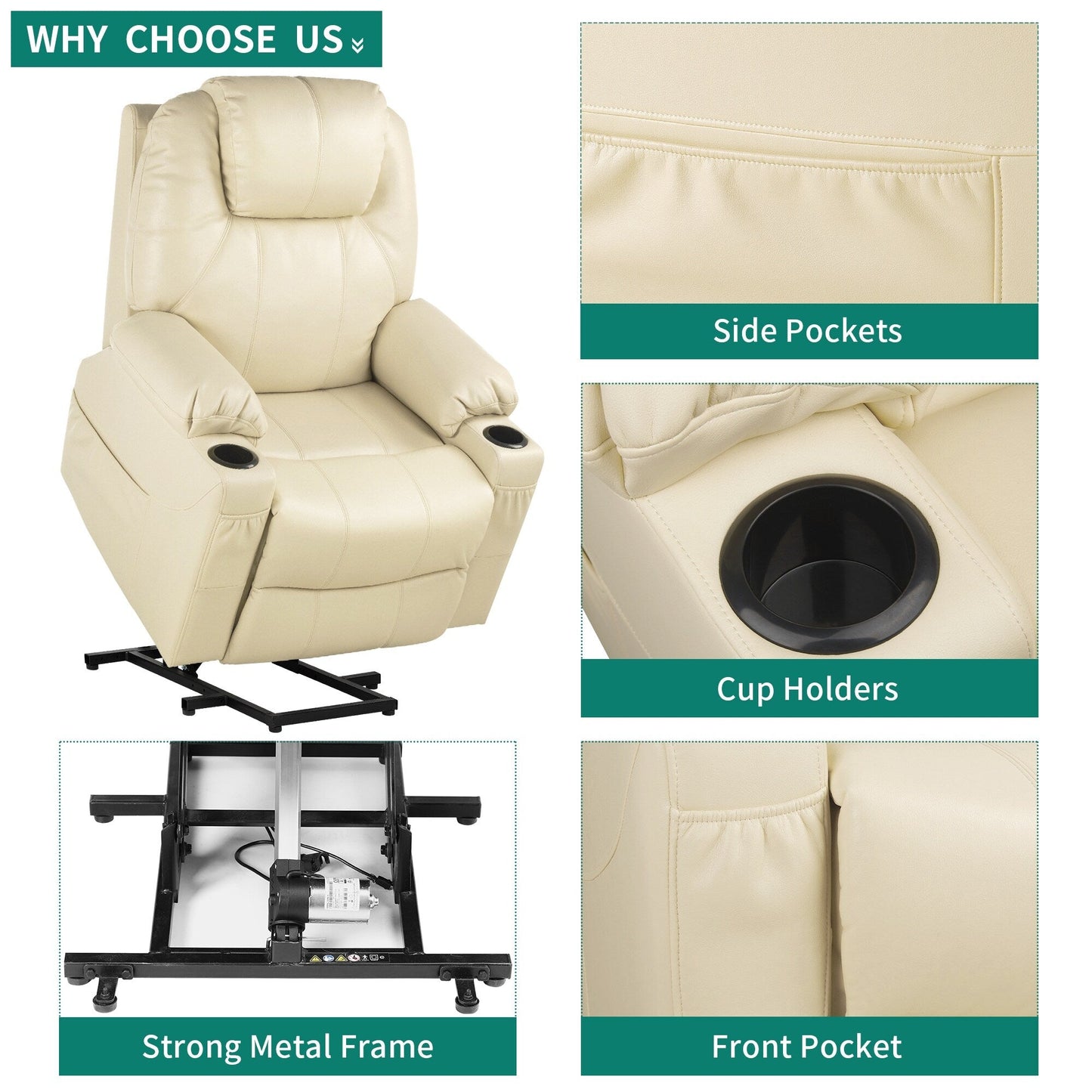 Modern Off White Reclining Chair Faux Leather/Fabric Massage