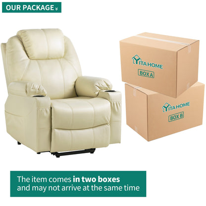 Modern Off White Reclining Chair Faux Leather/Fabric Massage