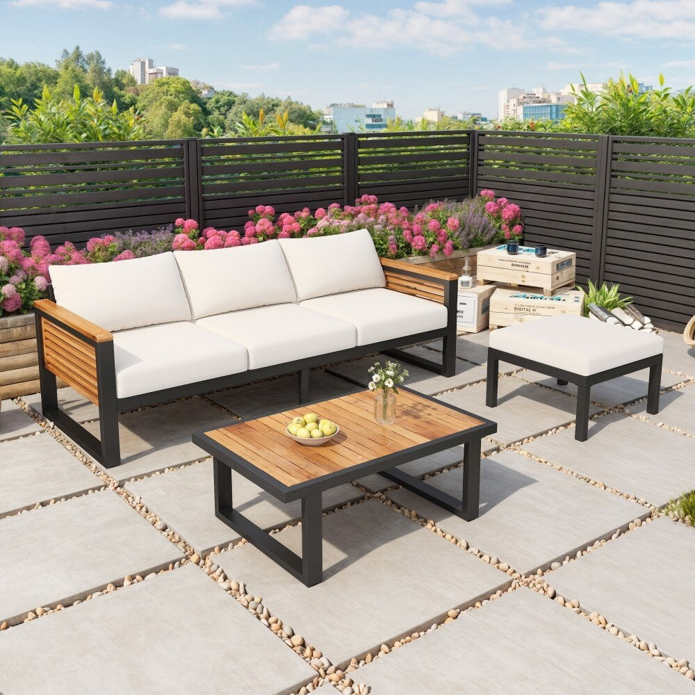 Modern Outdoor 3-piece Acacia Wood and Metal Sofa Set for Patio