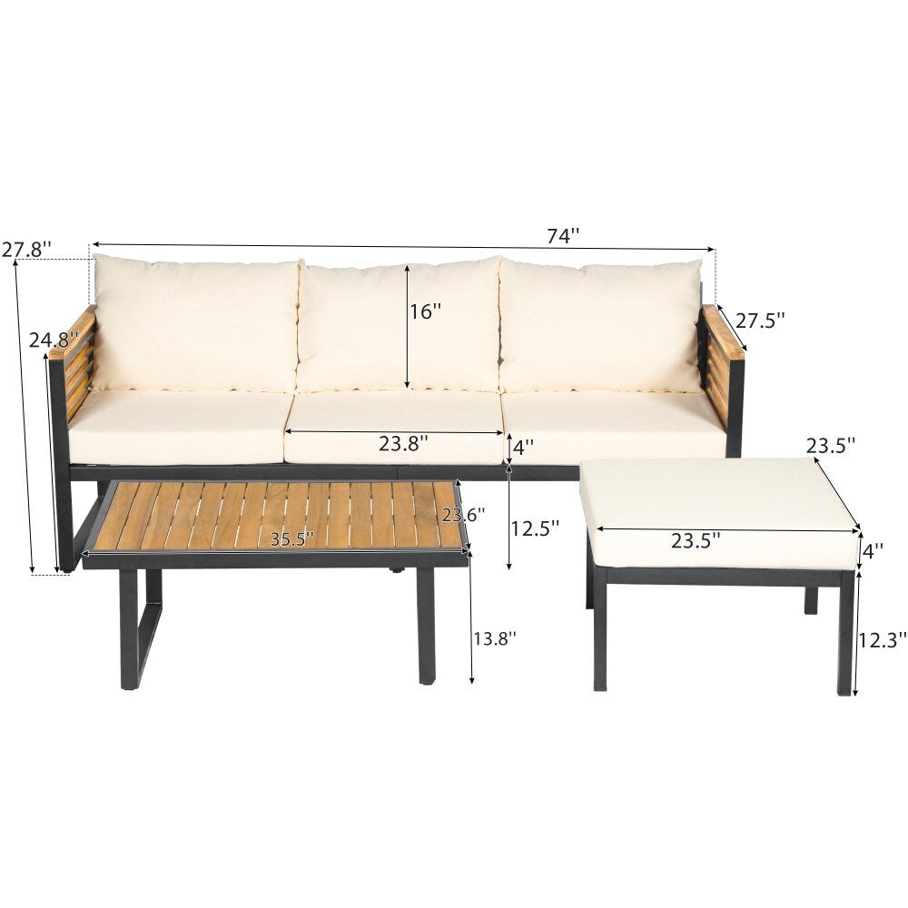 Modern Outdoor 3-piece Acacia Wood and Metal Sofa Set for Patio