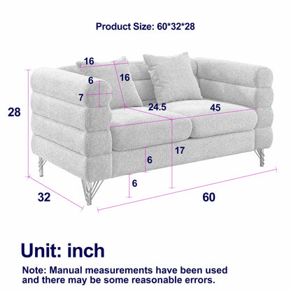 Modern Oversized 2 Seater Sectional Sofa Curved Loveseat with 2 Pillows and Gold Metal Legs for Living Room