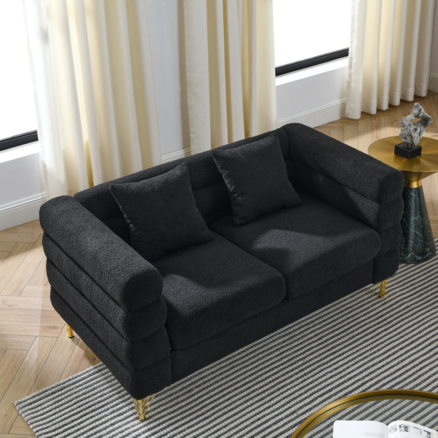 Modern Oversized 2 Seater Sectional Sofa Curved Loveseat with 2 Pillows and Gold Metal Legs for Living Room