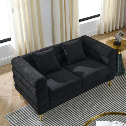 Modern Oversized 2 Seater Sectional Sofa Curved Loveseat with 2 Pillows and Gold Metal Legs for Living Room
