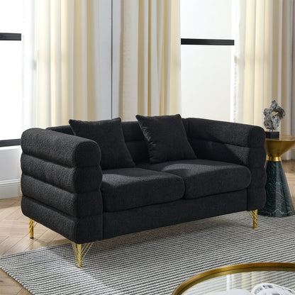 Modern Oversized 2 Seater Sectional Sofa Curved Loveseat with 2 Pillows and Gold Metal Legs for Living Room