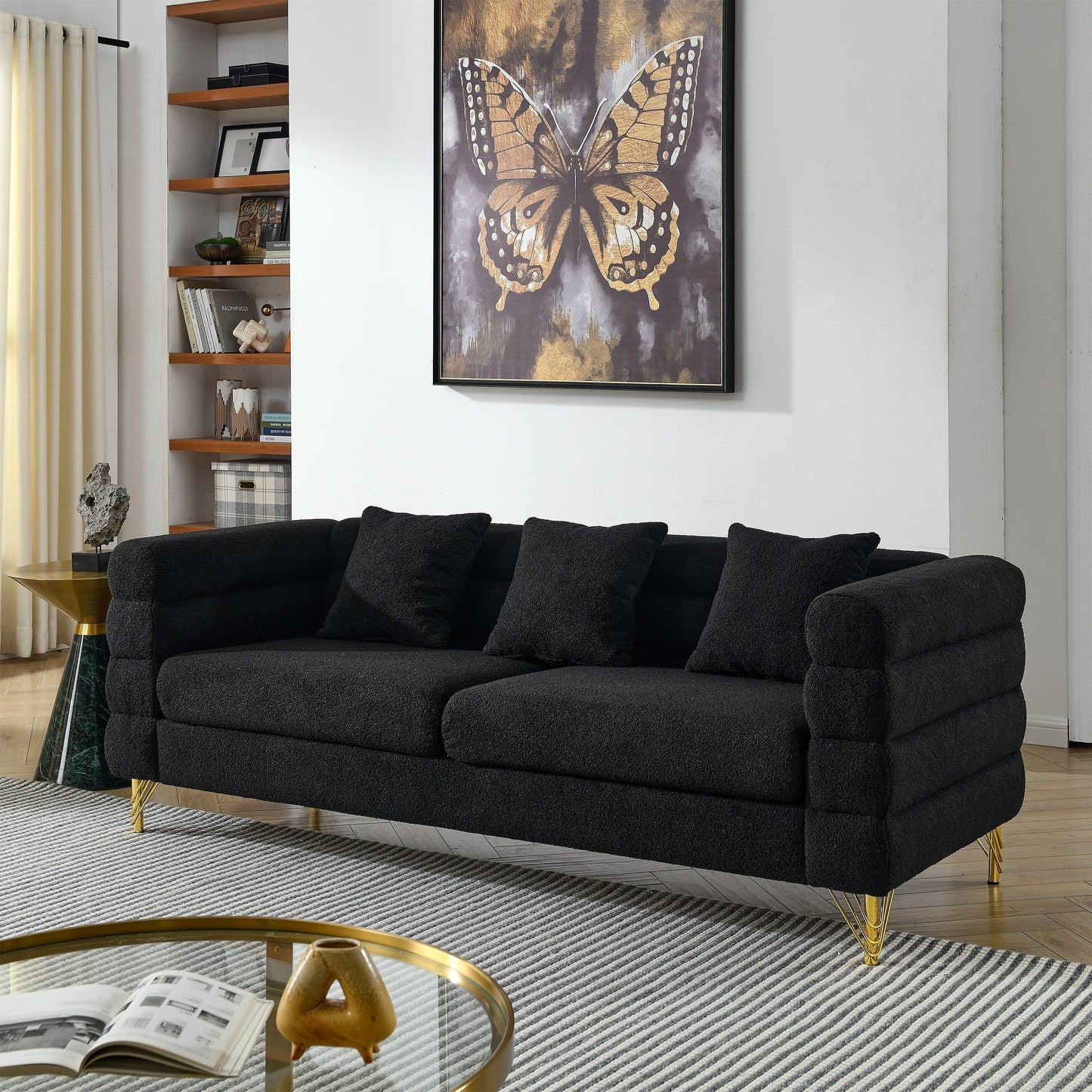 Modern Oversized 3-Seater Sectional Sofa with 3 Pillows and Gold Metal Legs for Living Room Bedroom