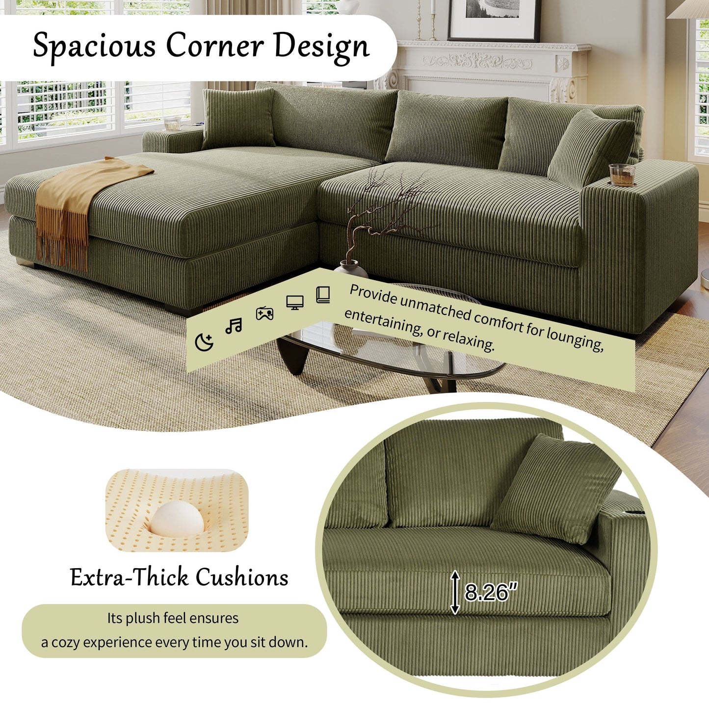 Modern Oversized 3-Seater Sectional Sofa with Cup Holders and USB Charging Ports, Thick Cushions for Living Room