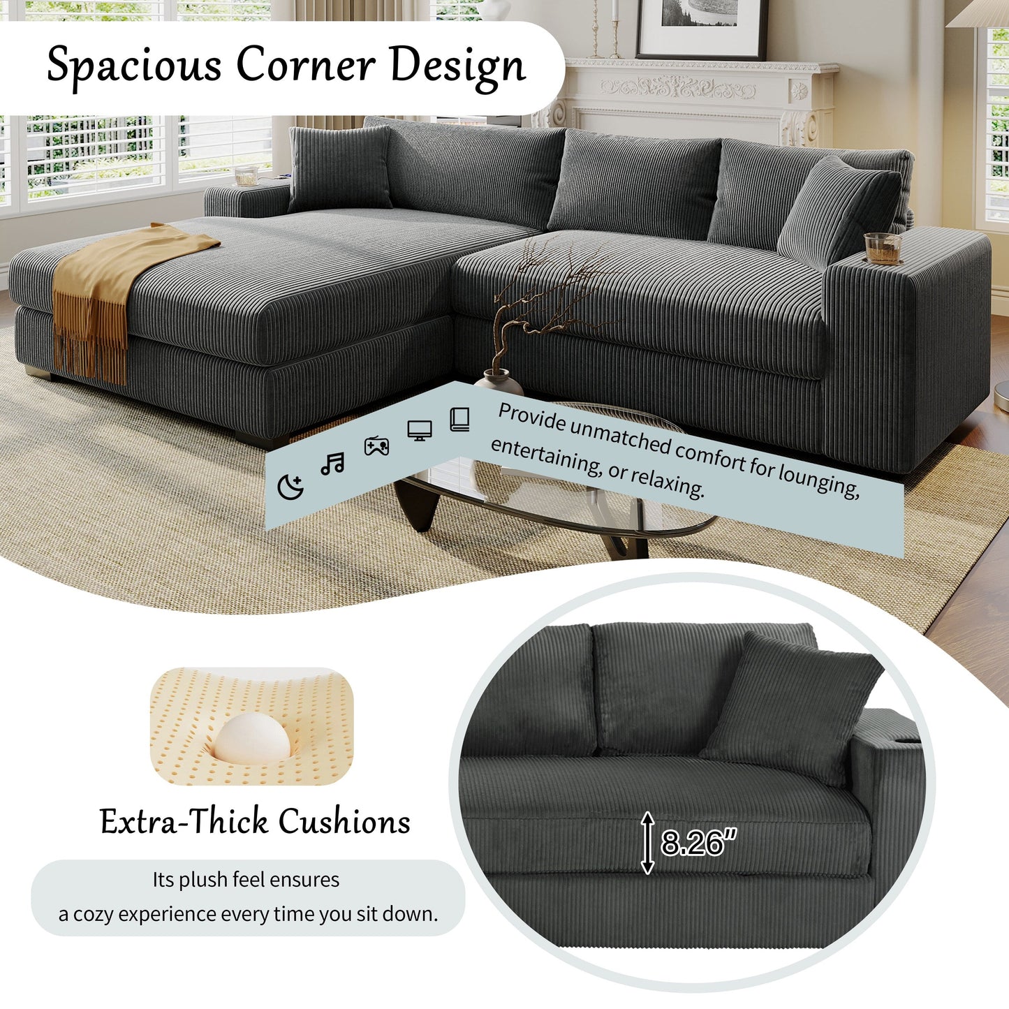 Modern Oversized 3-Seater Sectional Sofa with Cup Holders and USB Charging Ports, Thick Cushions for Living Room