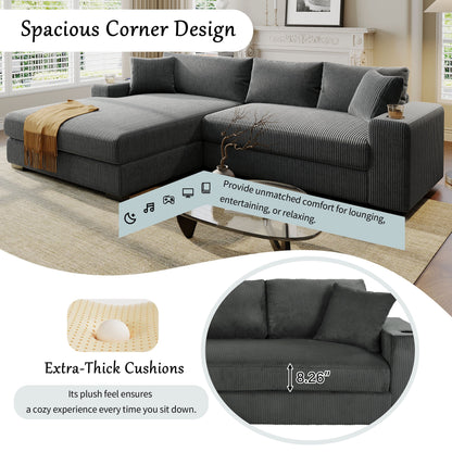 Modern Oversized 3-Seater Sectional Sofa with Cup Holders and USB Charging Ports, Thick Cushions for Living Room