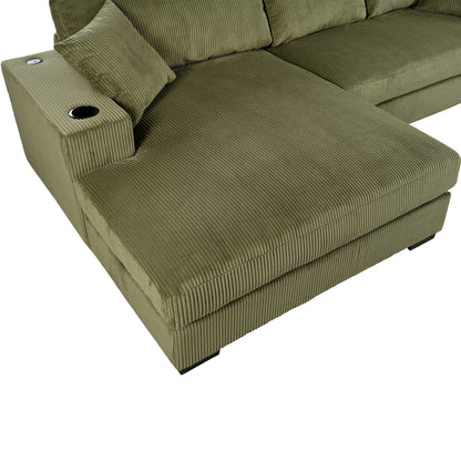 Modern Oversized 3-Seater Sectional Sofa with Cup Holders and USB Charging Ports, Thick Cushions for Living Room